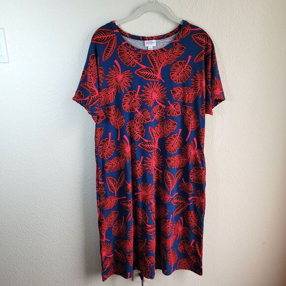 Lularoe Dress Size L Floral Palm Leaves Blue Red Marly Pockets - Picture 1 of 16